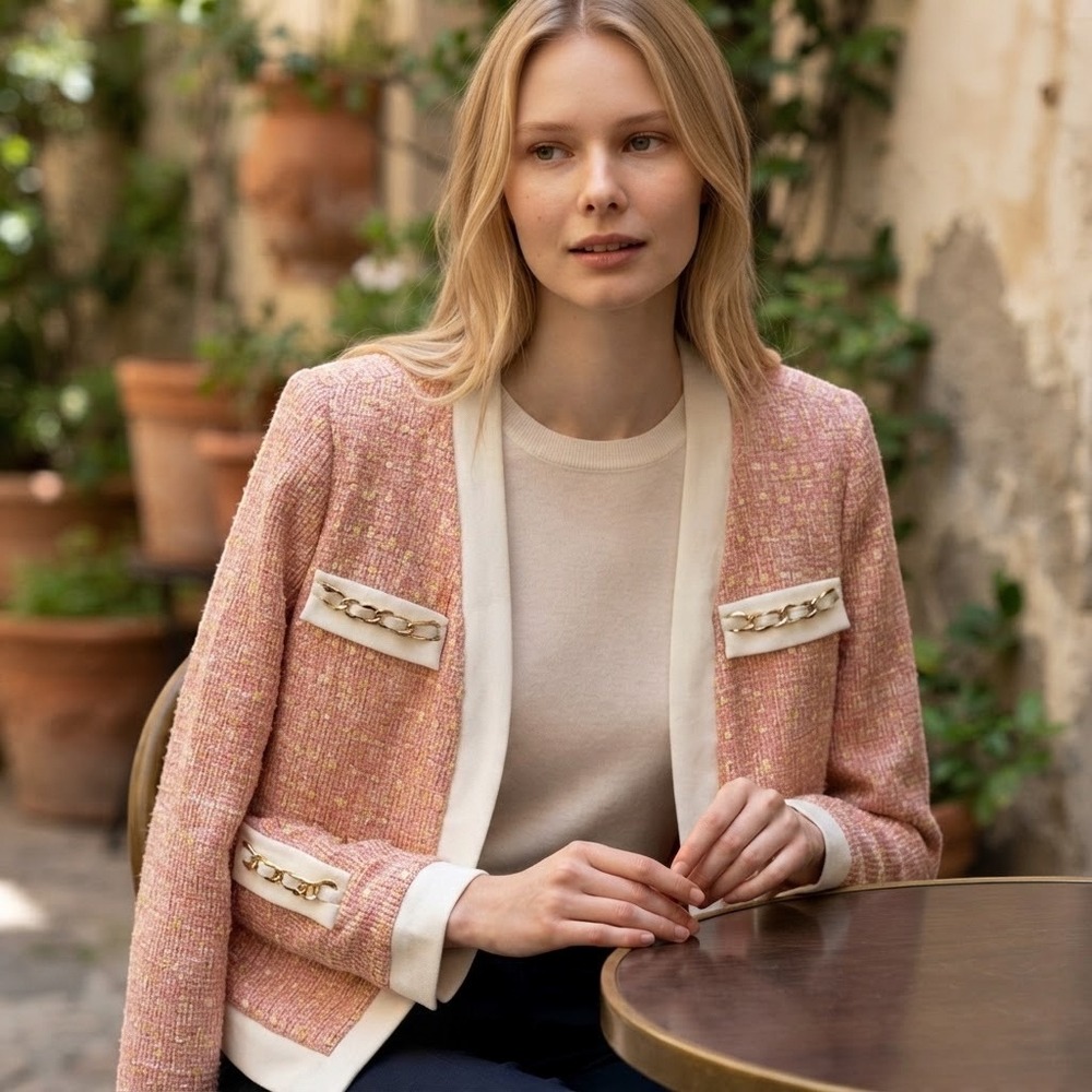 Walter Baker Pink Tweed Blazer Jacket Gold Chain White Trim Cropped Lined NWOT